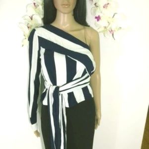 Women ZARA Navy Blue and White One-Sleeve Shoulde